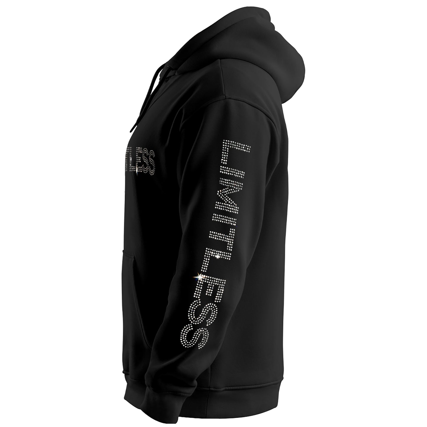 Unisex Black Pullover Hoodie Stone Work Design Limitless Logo Front Back & Sleeves