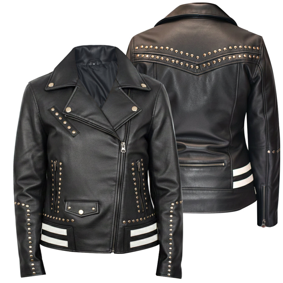 Women’s Black Studded Leather Biker Jacket Motorcycle Punk Rock Moto Coat