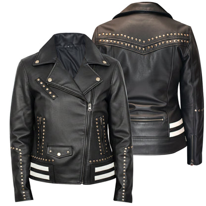 Women’s Black Studded Leather Biker Jacket Motorcycle Punk Rock Moto Coat