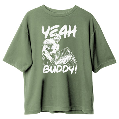 Dynamix Graphic Print "Yeah Buddy" T-Shirt Unisex Slim Fit 100% Cotton Tee For Gym Workout/Causal  Olive Green/Black