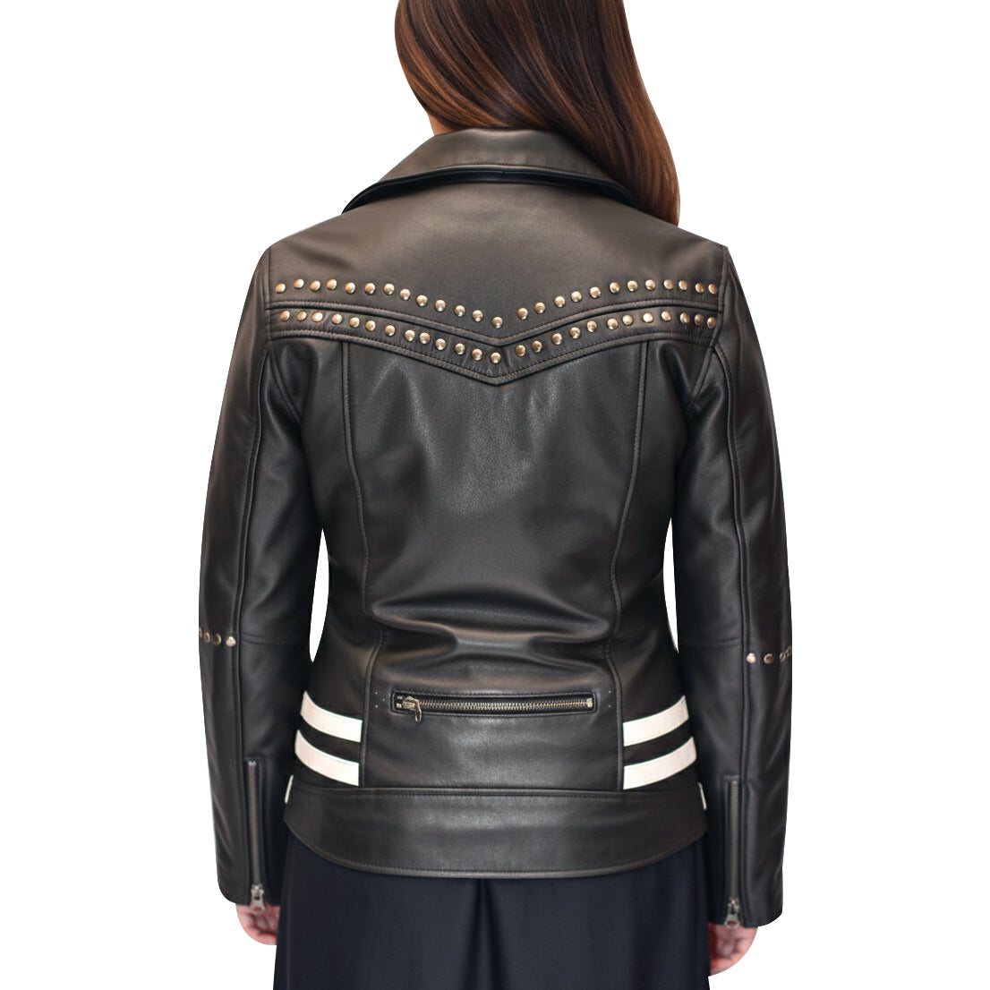 Women’s Black Studded Leather Biker Jacket Motorcycle Punk Rock Moto Coat