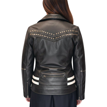 Women’s Black Studded Leather Biker Jacket Motorcycle Punk Rock Moto Coat