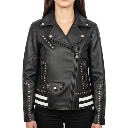 Women’s Black Studded Leather Biker Jacket Motorcycle Punk Rock Moto Coat