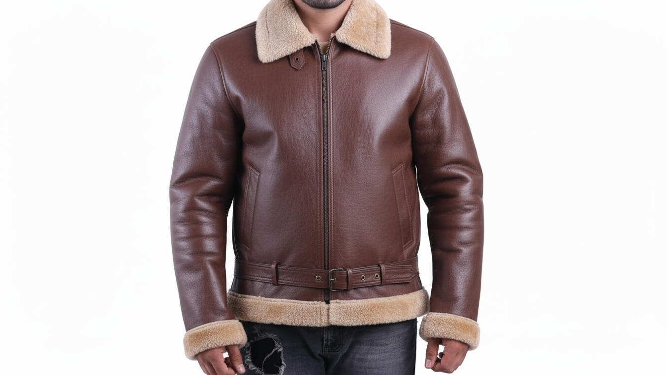 Men’s Black/Brown Leather Shearling Aviator Biker Jacket Fur Lined Winter Coat