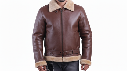 Men’s Black/Brown Leather Shearling Aviator Biker Jacket Fur Lined Winter Coat