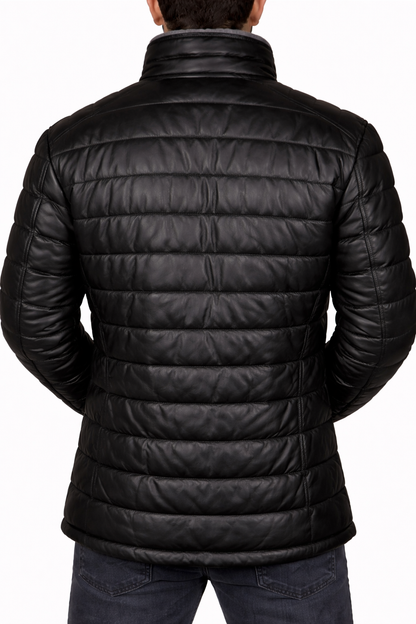 Men’s Black Genuine Leather Puffer Jacket – Warm Moto Style Winter Coat, Zipper