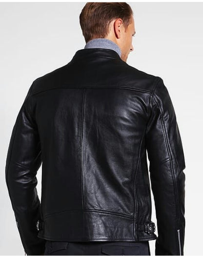 Men's Black Cafe Racer Moto Jacket – Genuine Leather, Adjustable, Custom Fit
