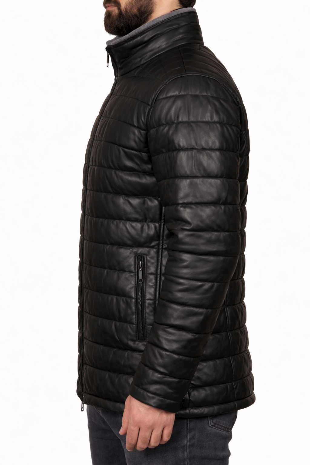 Men’s Black Genuine Leather Puffer Jacket – Warm Moto Style Winter Coat, Zipper