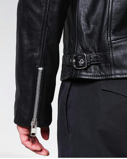 Men's Black Cafe Racer Moto Jacket – Genuine Leather, Adjustable, Custom Fit
