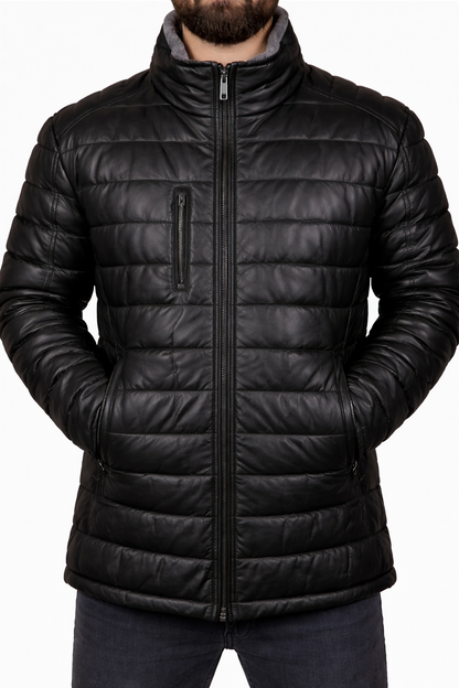 Men’s Black Genuine Leather Puffer Jacket – Warm Moto Style Winter Coat, Zipper