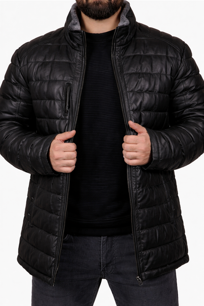 Men’s Black Genuine Leather Puffer Jacket – Warm Moto Style Winter Coat, Zipper