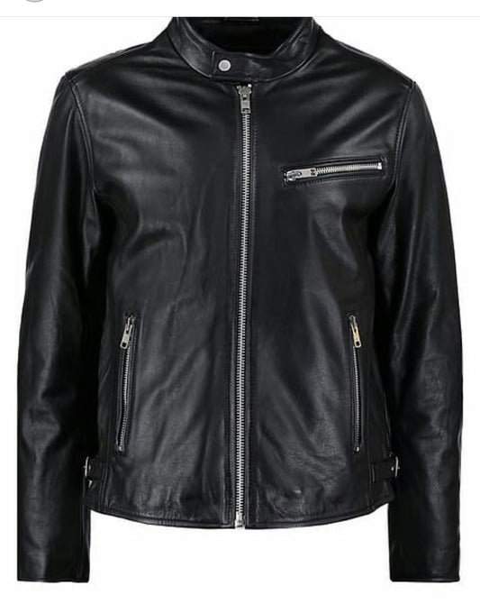 Men's Black Cafe Racer Moto Jacket – Genuine Leather, Adjustable, Custom Fit