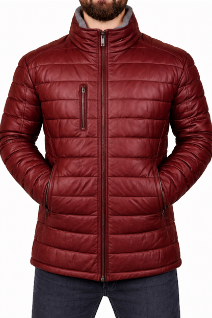 Men’s Black Genuine Leather Puffer Jacket – Warm Moto Style Winter Coat, Zipper