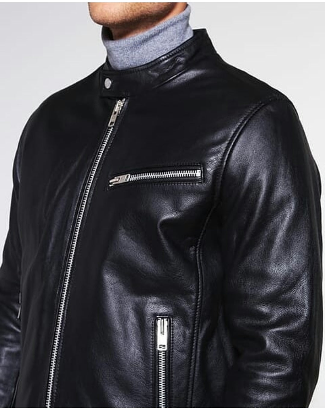 Men's Black Cafe Racer Moto Jacket – Genuine Leather, Adjustable, Custom Fit