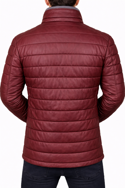 Men’s Black Genuine Leather Puffer Jacket – Warm Moto Style Winter Coat, Zipper