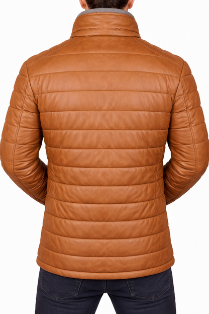 Men’s Black Genuine Leather Puffer Jacket – Warm Moto Style Winter Coat, Zipper