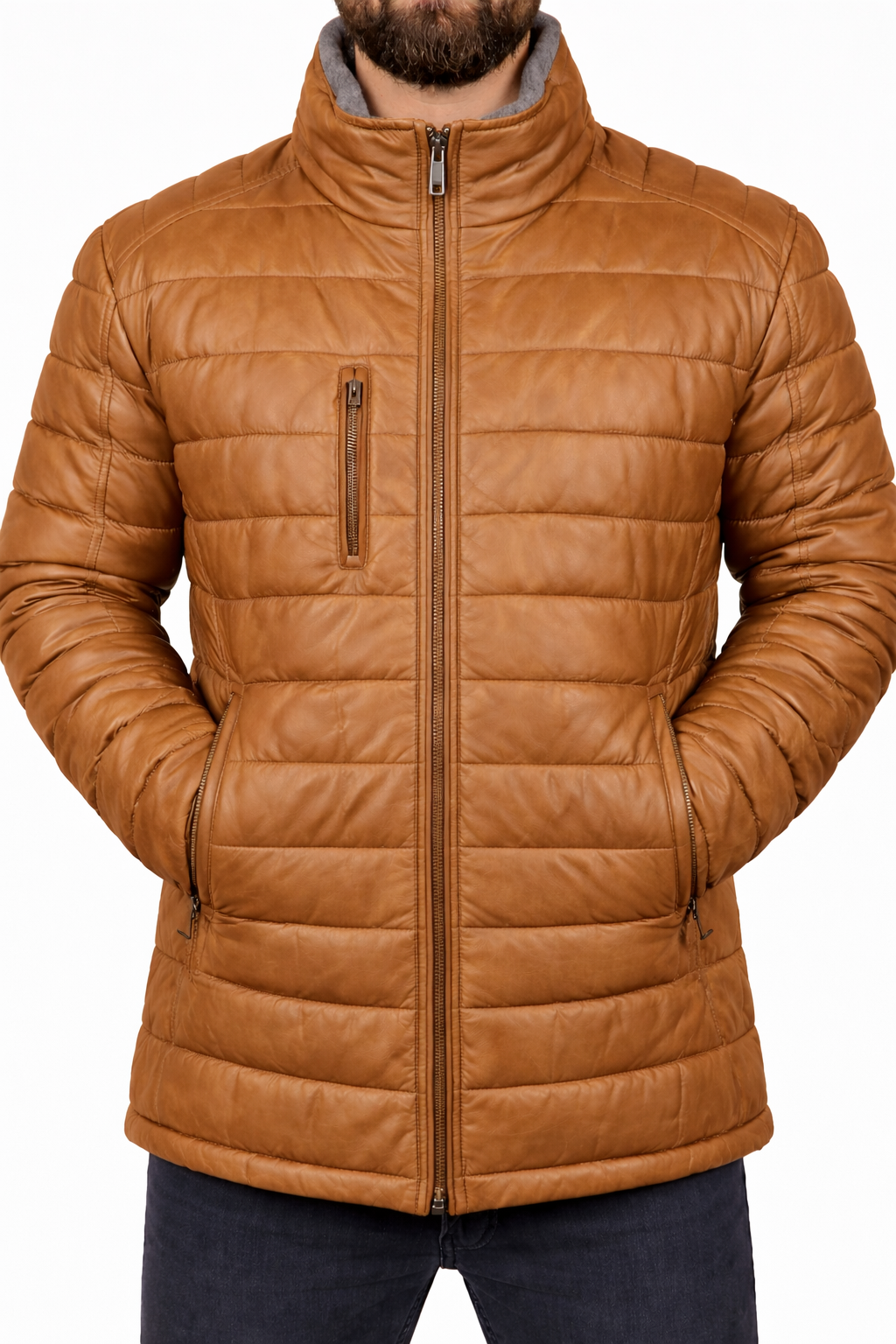 Men’s Black Genuine Leather Puffer Jacket – Warm Moto Style Winter Coat, Zipper