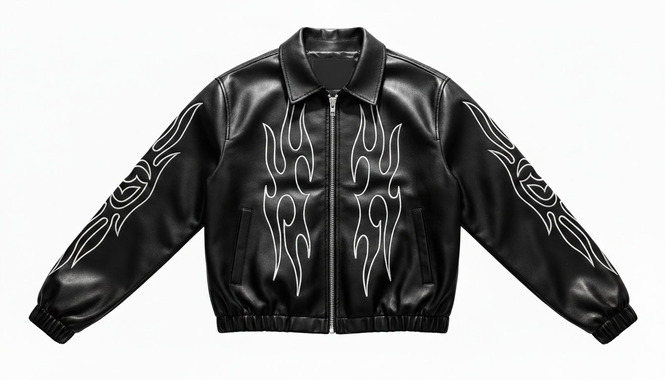 Men’s Genuine Black Leather Flame Graphic Moto Biker Fashion Bomber Jacket