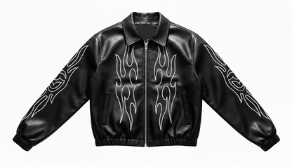 Men’s Genuine Black Leather Flame Graphic Moto Biker Fashion Bomber Jacket