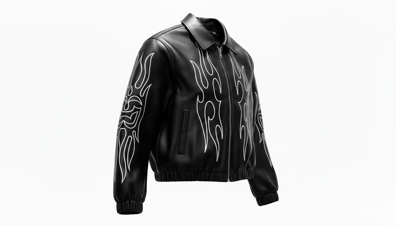 Men’s Genuine Black Leather Flame Graphic Moto Biker Fashion Bomber Jacket