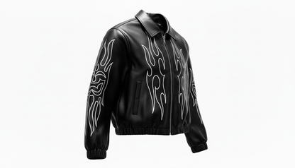 Men’s Genuine Black Leather Flame Graphic Moto Biker Fashion Bomber Jacket