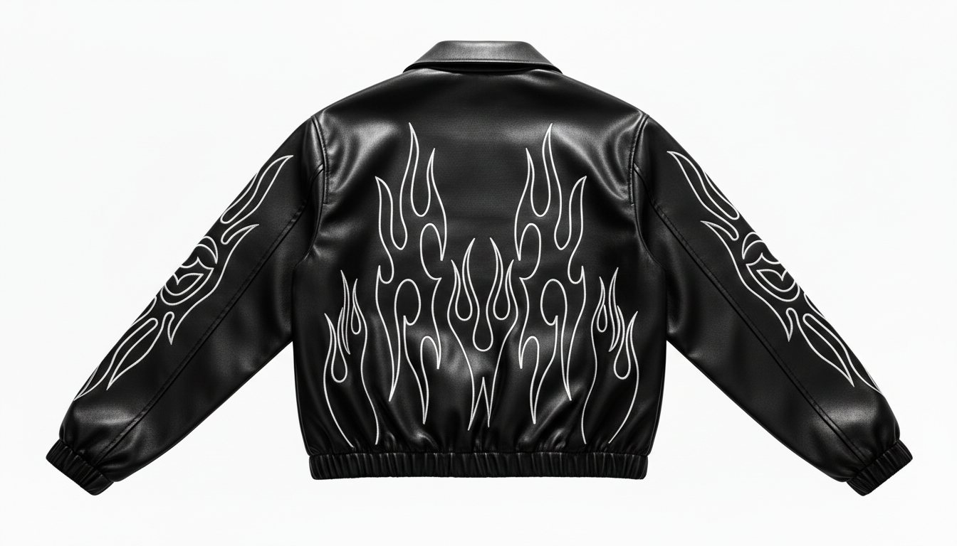 Men’s Genuine Black Leather Flame Graphic Moto Biker Fashion Bomber Jacket
