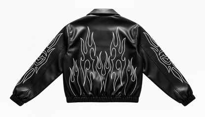 Men’s Genuine Black Leather Flame Graphic Moto Biker Fashion Bomber Jacket