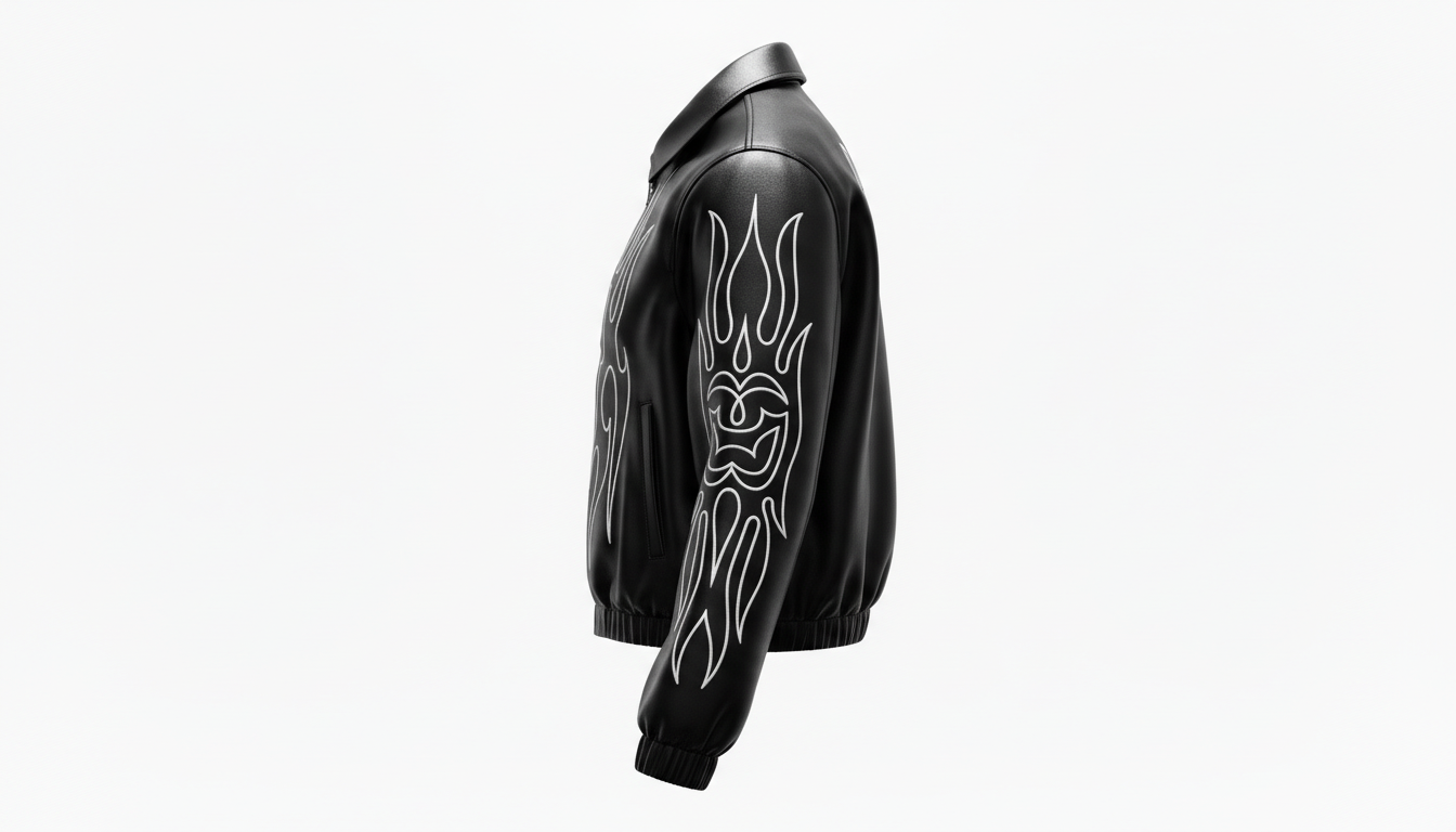 Men’s Genuine Black Leather Flame Graphic Moto Biker Fashion Bomber Jacket