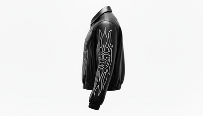 Men’s Genuine Black Leather Flame Graphic Moto Biker Fashion Bomber Jacket