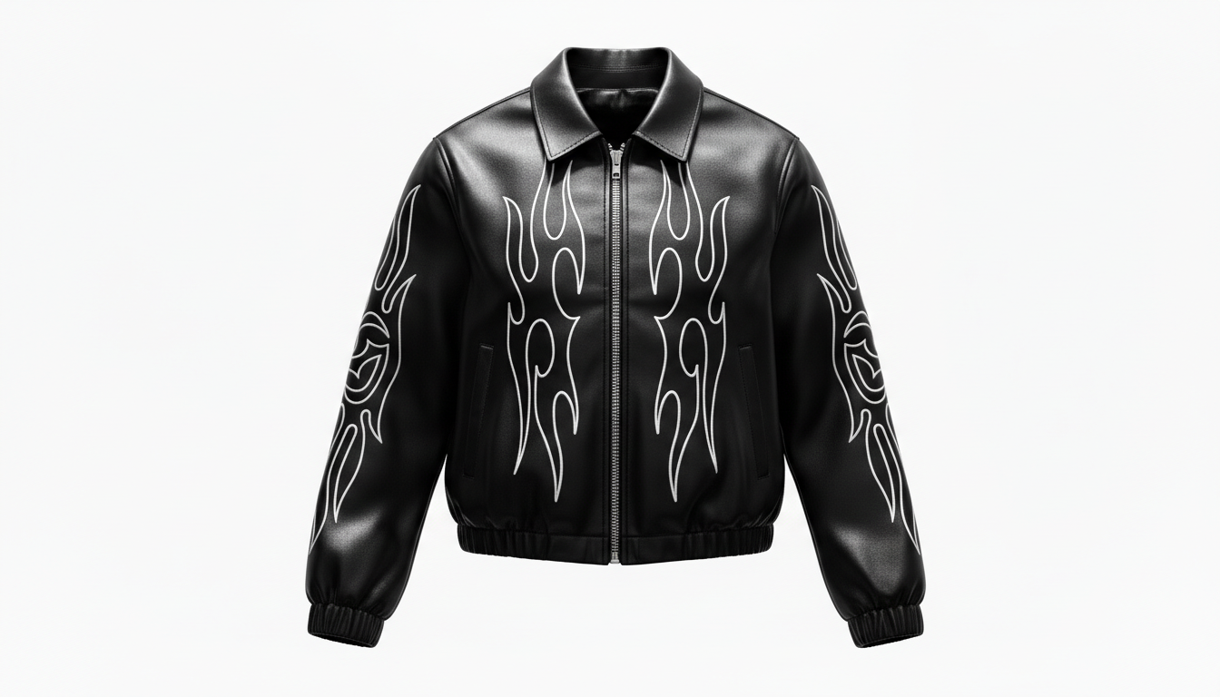 Men’s Genuine Black Leather Flame Graphic Moto Biker Fashion Bomber Jacket