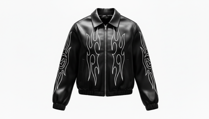 Men’s Genuine Black Leather Flame Graphic Moto Biker Fashion Bomber Jacket