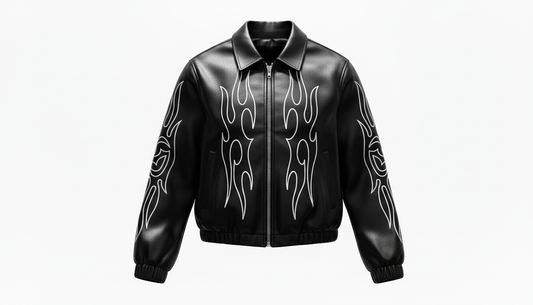 Men’s Genuine Black Leather Flame Graphic Moto Biker Fashion Bomber Jacket