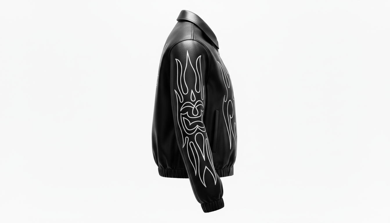 Men’s Genuine Black Leather Flame Graphic Moto Biker Fashion Bomber Jacket