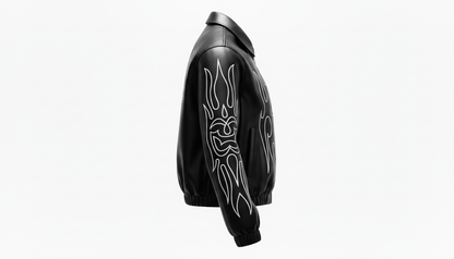 Men’s Genuine Black Leather Flame Graphic Moto Biker Fashion Bomber Jacket