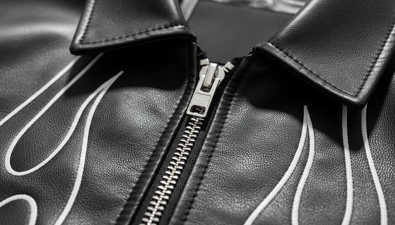 Men’s Genuine Black Leather Flame Graphic Moto Biker Fashion Bomber Jacket