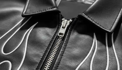 Men’s Genuine Black Leather Flame Graphic Moto Biker Fashion Bomber Jacket