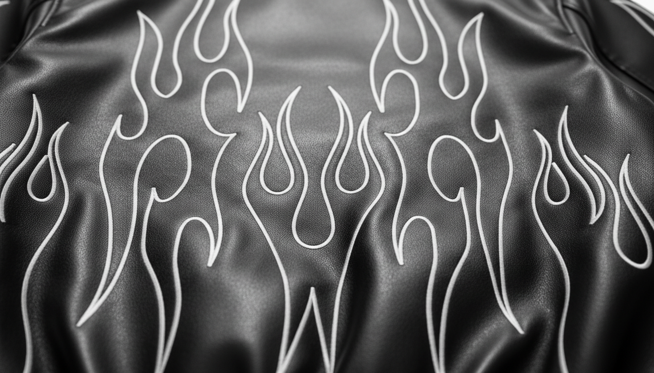 Men’s Genuine Black Leather Flame Graphic Moto Biker Fashion Bomber Jacket
