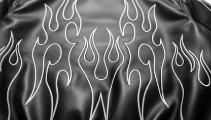 Men’s Genuine Black Leather Flame Graphic Moto Biker Fashion Bomber Jacket