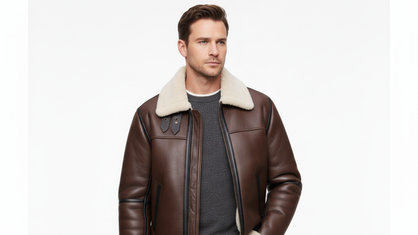 Men’s Genuine Leather Shearling Aviator Jacket B3 Bomber Fur Lined Coat