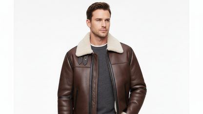 Men’s Genuine Leather Shearling Aviator Jacket B3 Bomber Fur Lined Coat