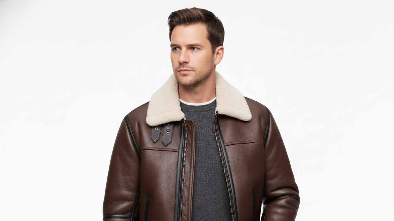 Men’s Genuine Leather Shearling Aviator Jacket B3 Bomber Fur Lined Coat