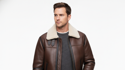 Men’s Genuine Leather Shearling Aviator Jacket B3 Bomber Fur Lined Coat