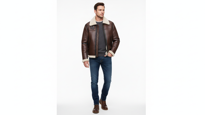 Men’s Genuine Leather Shearling Aviator Jacket B3 Bomber Fur Lined Coat