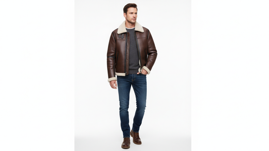 Men’s Genuine Leather Shearling Aviator Jacket B3 Bomber Fur Lined Coat