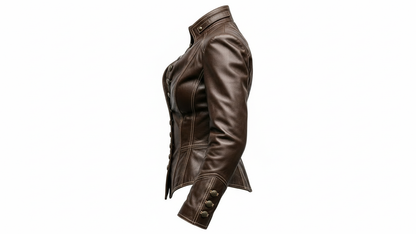 Women Brown Genuine Leather Jacket Slim Fit Button Front Biker Style Coat