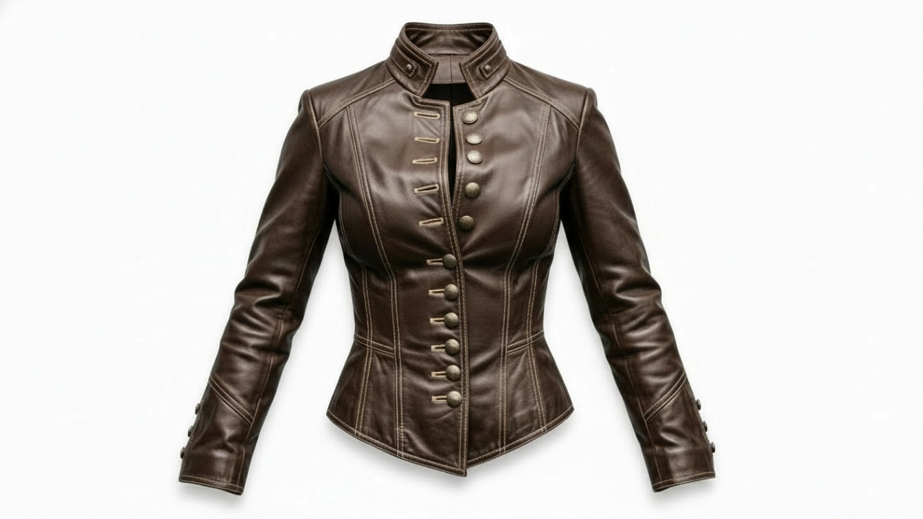 Women Brown Genuine Leather Jacket Slim Fit Button Front Biker Style Coat
