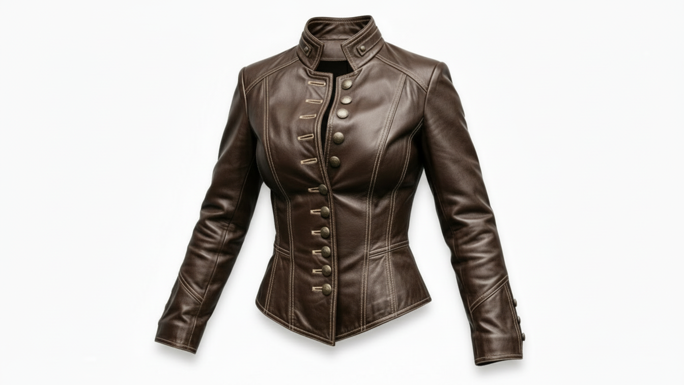 Women Brown Genuine Leather Jacket Slim Fit Button Front Biker Style Coat