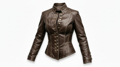 Women Brown Genuine Leather Jacket Slim Fit Button Front Biker Style Coat