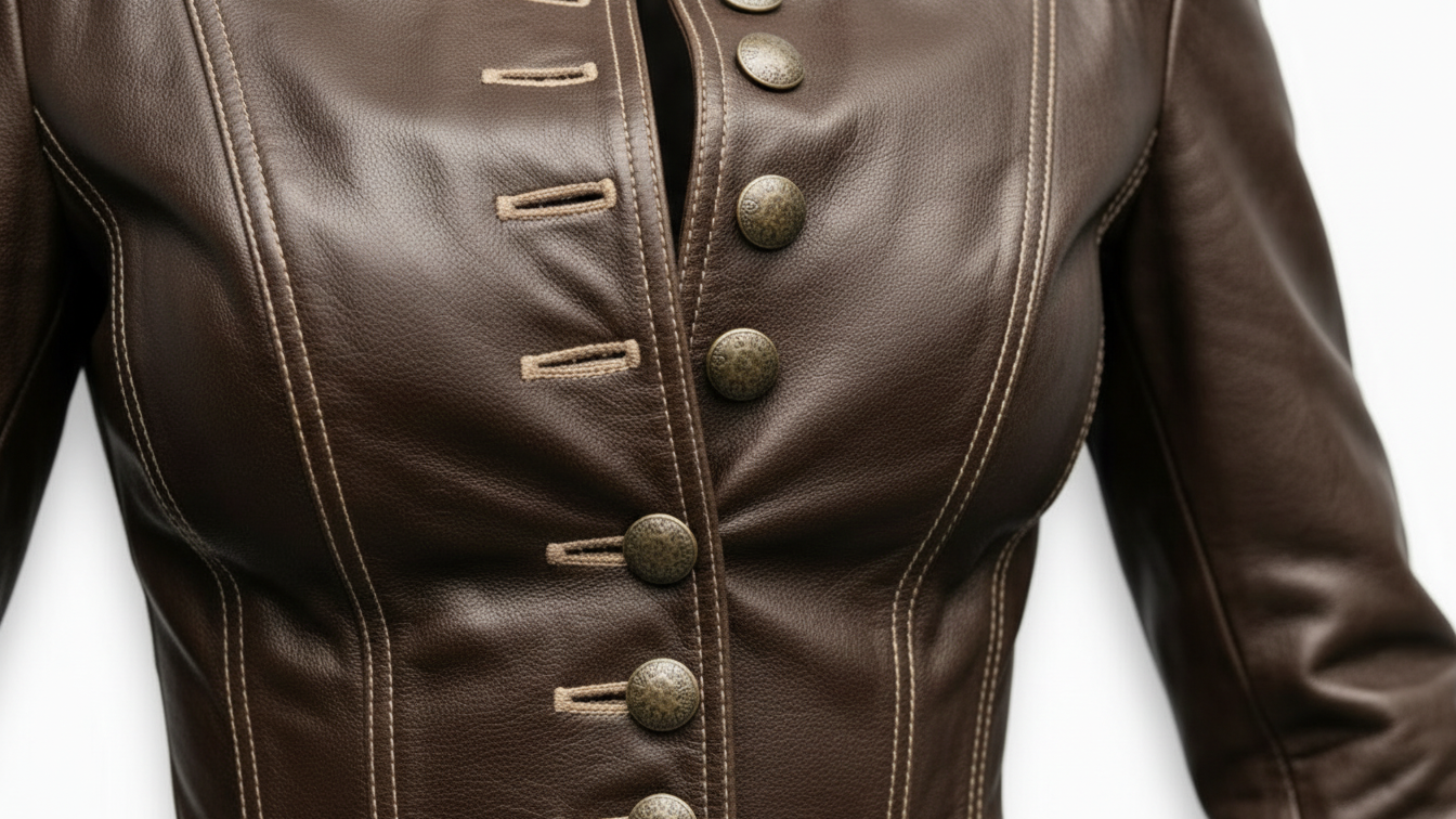 Women Brown Genuine Leather Jacket Slim Fit Button Front Biker Style Coat