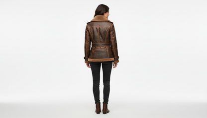 Women's Brown Shearling Leather Aviator Jacket B3 Bomber Real Leather Fur Coat